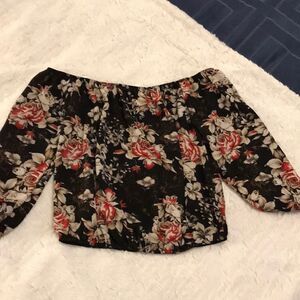 NWOT—-cute black, red and cream floral blouse